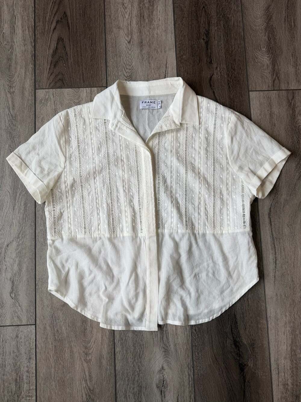 Frame Shirt Size XS White Cotton Lace Detail Button-Up Short Sleeve
